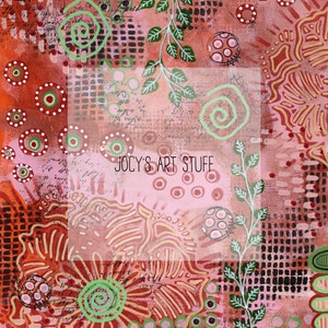 May include: Abstract art painting with a pink, red, and green color scheme. The painting features a variety of shapes, including circles, swirls, and leaves. The text "Jocy's Art Stuff" is written in white letters on a black background.