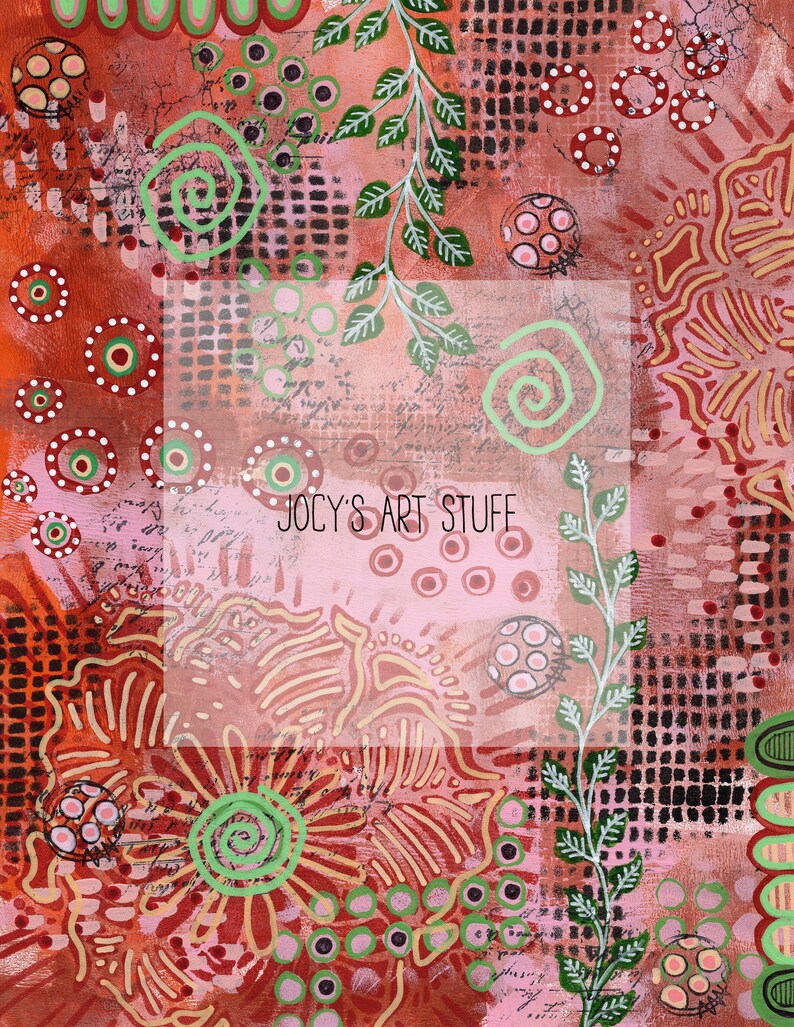 May include: Abstract art painting with a pink, red, and green color scheme. The painting features a variety of shapes, including circles, swirls, and leaves. The text "Jocy's Art Stuff" is written in white letters on a black background.