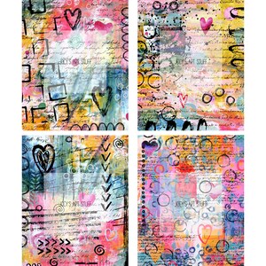 May include: Four abstract art prints with mixed media elements. Each features a colorful background with hearts, circles, and handwritten text. The text "JOEY'S ART STUFF" is visible on some prints. The color palette includes pink, blue, yellow, and orange.