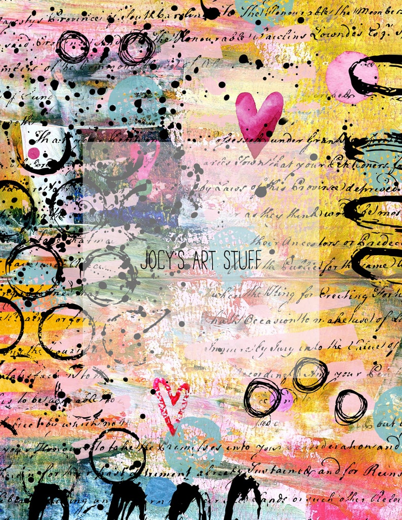 May include: Abstract art print with a mixed media design. The artwork features a pink heart, black ink splatters, and handwritten script over a colorful background of pink, yellow, and blue. The text "JOCY'S ART STUFF" is visible.