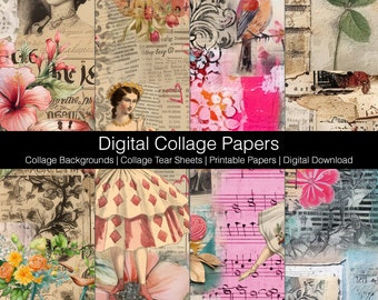 Digital Collage Backgrounds, Collage Tear Sheets, Digital Download Printable, Junk Journaling Papers, Bits And Pieces Collage Papers Set B