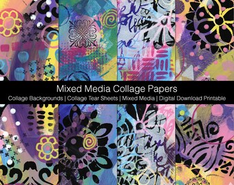 Mixed Media Collage Backgrounds | Hand Made Backgrounds | Collage Tear Sheets | Digital Download Printable | Journaling Papers Set T