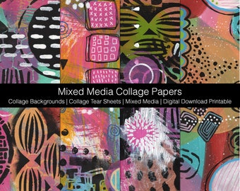 May include: Four digital collage papers with abstract patterns in pink, black, white, green, and blue. The papers are designed for use in mixed media art and crafts.