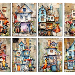 Feuille de collage de taille ATC oiseaux et maisons fantaisistes, téléchargement numérique, éphémères de journal indésirable, cartes de journalisation artistique