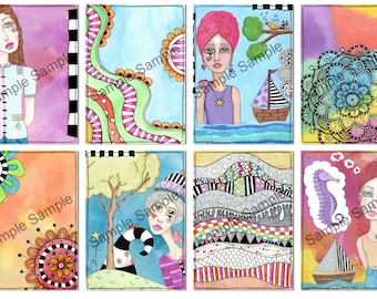 Artist Trading Card Sized Collage Sheet Mixed Media Mini Art, ATC Digital Download Printable