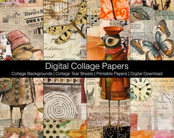 Digital Collage Backgrounds, Collage Tear Sheets, Digital Download Printable, Junk Journaling Papers, Bits And Pieces Collage Papers Set C