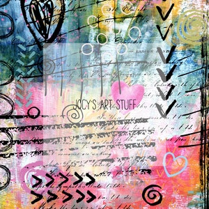 May include: Abstract mixed media artwork with a textured background in shades of blue, pink, yellow, and black. Features a large black heart, arrows, circles, and handwritten script. The text "JOCY'S ART STUFF" is visible.