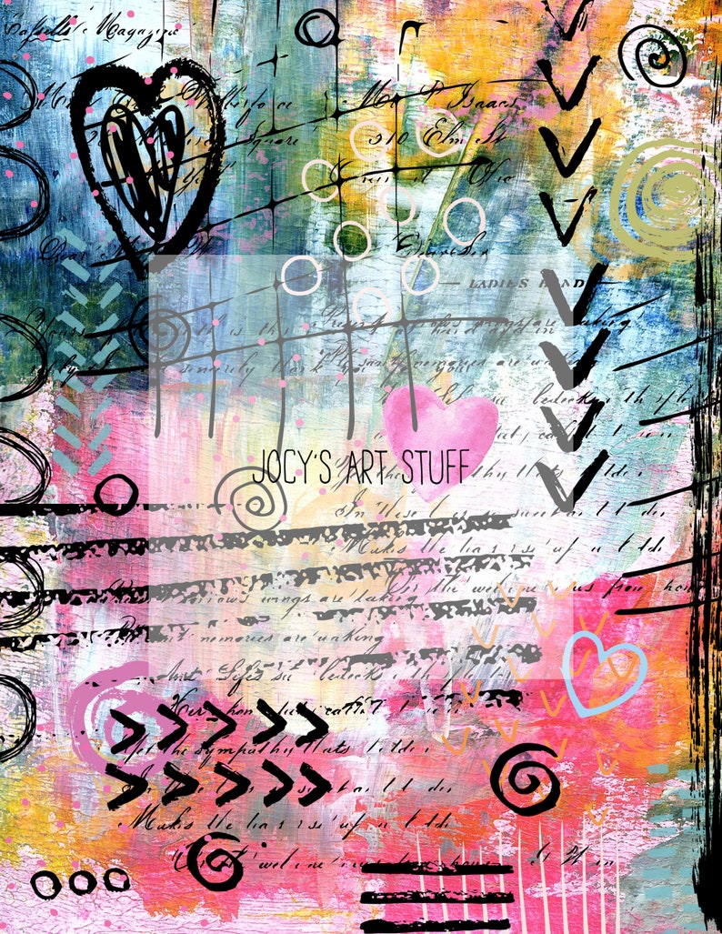 May include: Abstract mixed media artwork with a textured background in shades of blue, pink, yellow, and black. Features a large black heart, arrows, circles, and handwritten script. The text "JOCY'S ART STUFF" is visible.
