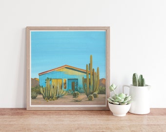 Gouache Blue Desert Home, Cactus Print, 8x8 Original Art