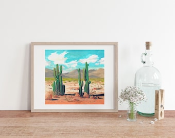 Gouache desert painting, sedona arizona print, cactus print