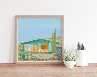 Gouache Green Desert Home, Cactus Print, 8x8 Original Art