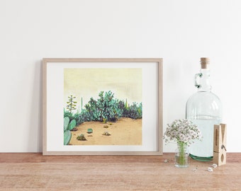 Gouache desert painting, arizona bush art, cactus print