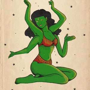 May include: A green-skinned woman with four arms and three eyes is sitting with her legs crossed. She is wearing a red and gold sequined bra and a matching skirt. The background is a light brown with black stars.