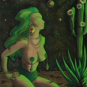 May include: A green-skinned woman with long green hair sits on a desert landscape. She wears a green bikini top with dangling charms and a green bikini bottom. She has a necklace and earrings. The background is a dark green with stars and planets. There is a cactus with white flowers and a lizard on the right side of the image.