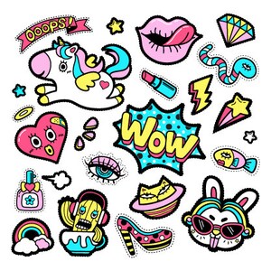 May include: A set of colorful cartoon patches with various designs, including a unicorn, a heart, a fish, a cactus, a rainbow, a star, a lightning bolt, a cat, a rabbit, a shoe, a lipstick, a diamond, a speech bubble with the word "Wow", and a speech bubble with the word "Oops!"