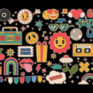 Cartoon retro groovy stickers 70s with hippie style stickers Digital Files
