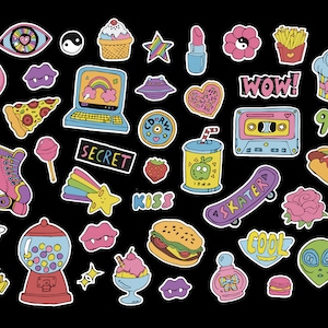 Cartoon 90s retro patches and stickers set Digital File