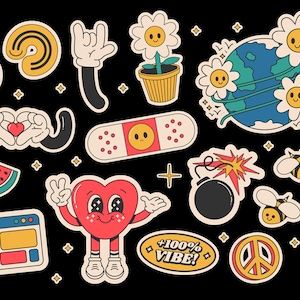 Cartoon groovy stickers 70s. Cute retro characters sticker set Digital Files