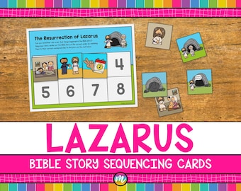May include: A set of Bible story sequencing cards featuring the story of Lazarus. The cards include illustrations and numbers to help children learn the order of events. The title "Lazarus Bible Story Sequencing Cards" is displayed in large pink letters.