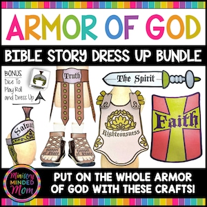 May include: A printable set of Bible story dress-up crafts for kids. The set includes a helmet, breastplate, belt, sandals, shield, and sword. Each piece features a different part of the Armor of God, such as faith, salvation, and the gospel of peace. The set also includes a bonus dice to play a dress-up game.
