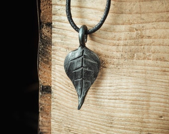 Hand forged iron leaf pendant, blacksmith made leaf necklace, nature tree pendant