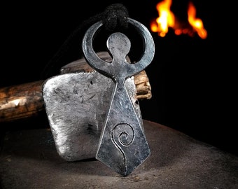 Triple moon Goddess pendant. Forged iron fertility and power necklace