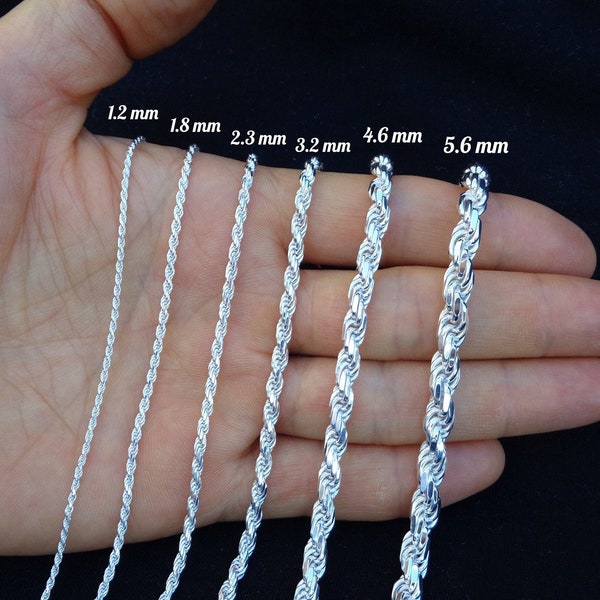 Real Sterling Silver ROPE Chain, Solid 925 Silver Necklace, Italy 925 Silver Pendant Chain, Diamond Cut ROPE Chain 1.2mm-5.6mm Holiday Gift