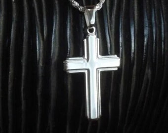 Sterling Silver Cross Pendant, Diamond Cut Rope Chain, Religious Christian Modern Style Cross Necklace, Stamped 925 Italy, Holiday Gift