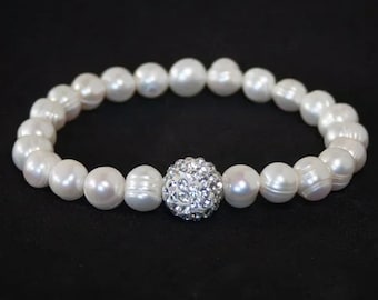 Bracelet en véritables perles de culture baroques d'eau douce, breloque cz ronde, bracelet de perles blanches de 9 mm, bijoux de tous les jours, cadeau de vacances pour femme