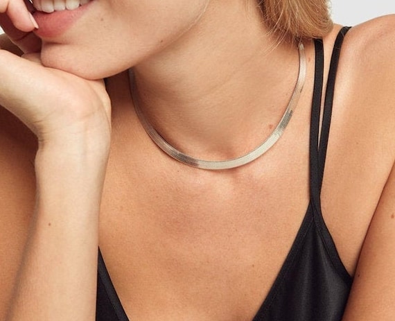 【TATIANA】(Silver925) Mordern Flat Snake Chain Necklace Z Snake Chain 925 Sterling Silver, Flat Snake Chain Necklace