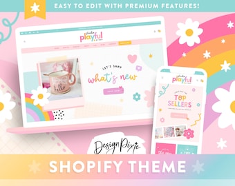 Verspieltes Regenbogen Shopify Theme - Website Template - Canva Store Banner - Shopify Themes für digitale Produkte PF01 Design Pixie