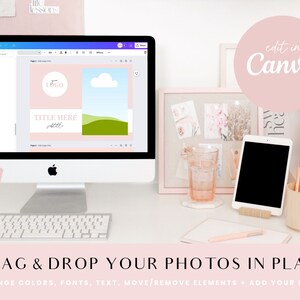 Puede incluir: Una pantalla de ordenador que muestra una plantilla de dise&ntilde;o de Canva con una colina verde, un cielo azul con una nube blanca y el texto "TITLE HERE subtitle". El texto "edit in Canva" est&aacute; en un c&iacute;rculo rosa en la esquina superior derecha de la imagen. El texto "DRAG & DROP YOUR PHOTOS IN PLACE CHANGE COLORS, FONTS, TEXT, MOVE/REMOVE ELEMENTS + ADD YOUR LOGO" est&aacute; en la parte inferior de la imagen.
