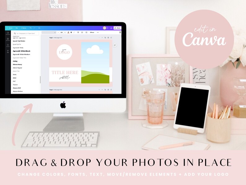 Puede incluir: Una pantalla de ordenador que muestra una plantilla de dise&ntilde;o de Canva con una colina verde, un cielo azul con una nube blanca y el texto "TITLE HERE subtitle". El texto "edit in Canva" est&aacute; en un c&iacute;rculo rosa en la esquina superior derecha de la imagen. El texto "DRAG & DROP YOUR PHOTOS IN PLACE CHANGE COLORS, FONTS, TEXT, MOVE/REMOVE ELEMENTS + ADD YOUR LOGO" est&aacute; en la parte inferior de la imagen.