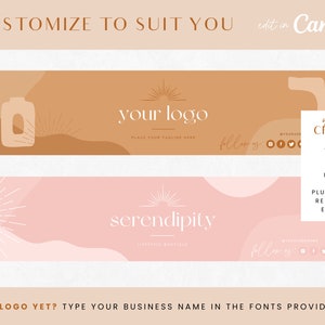 May include: A customizable social media banner template with a pink and brown color scheme. The banner features a sunburst design, abstract shapes, and the text "your logo" and "serendipity". The text "edit in Canva" is also included.