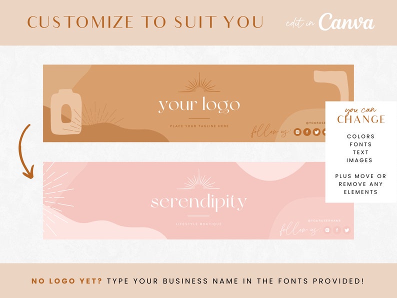 May include: A customizable social media banner template with a pink and brown color scheme. The banner features a sunburst design, abstract shapes, and the text "your logo" and "serendipity". The text "edit in Canva" is also included.