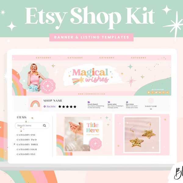 Etsy Shop Kit Pink Rainbow - Etsy Banner Templates Canva - Etsy Store Listing Design - Etsy Branding Editable Mockup Bundle MW01 Blog Pixie