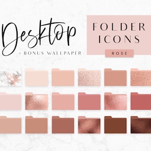 May include: A set of 18 rose gold folder icons for desktop organization. The icons feature various textures, including marble, glitter, and metallic foil. The set also includes a bonus rose gold marble wallpaper.
