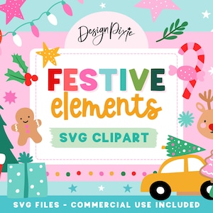Pode incluir: Ilustração digital colorida com o texto "FESTIVE elements SVG CLIPART". A imagem apresenta gráficos com tema natalino, incluindo uma árvore de Natal, rena, homem de gengibre e um carro transportando uma árvore. O fundo é uma mistura de rosa e azul.