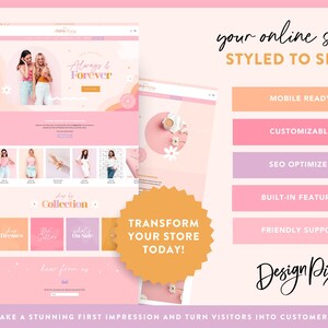 May include: A website design mockup in pink and white. The design includes the text "Always & Forever" and "Collection". The website is "Styled to Sell!" and includes features like "Mobile Ready" and "SEO Optimized".