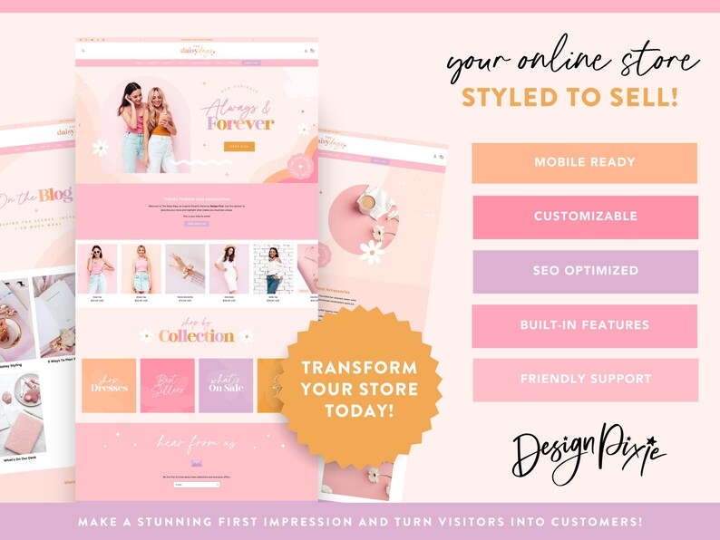 May include: A website design mockup in pink and white. The design includes the text "Always & Forever" and "Collection". The website is "Styled to Sell!" and includes features like "Mobile Ready" and "SEO Optimized".