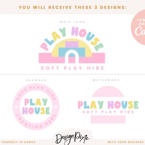May include: Three logo designs for a soft play hire business. The main logo features a pink, yellow, blue and green arch with the text "Play House" in a rainbow color scheme. The submark logo is a pink circle with the text "Play House" in a rainbow color scheme and the text "Soft Play Hire" in black. The watermark logo is a pink circle with the text "Play House" in a rainbow color scheme and the text "Soft Play Hire" in black.