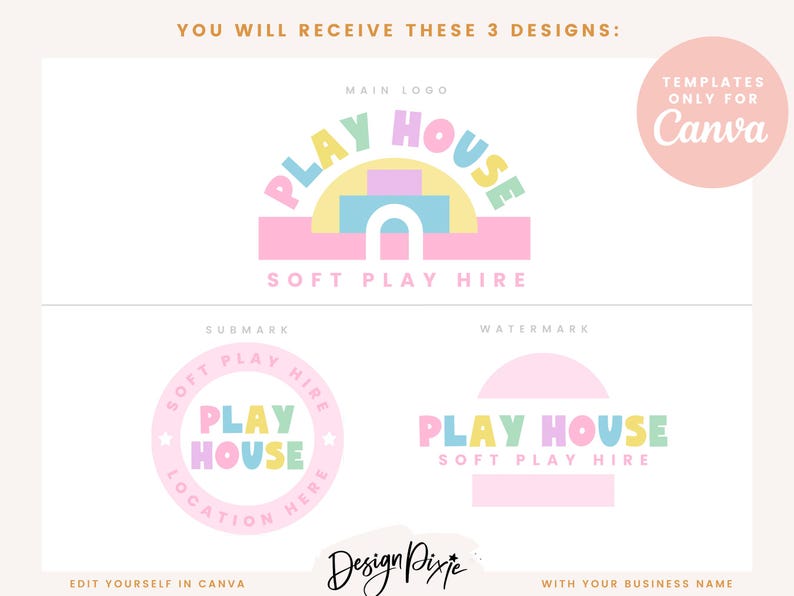 May include: Three logo designs for a soft play hire business. The main logo features a pink, yellow, blue and green arch with the text "Play House" in a rainbow color scheme. The submark logo is a pink circle with the text "Play House" in a rainbow color scheme and the text "Soft Play Hire" in black. The watermark logo is a pink circle with the text "Play House" in a rainbow color scheme and the text "Soft Play Hire" in black.