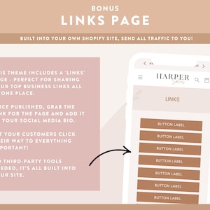 Peut inclure: Maquette num&eacute;rique pr&eacute;sentant un th&egrave;me &laquo;&nbsp;Page de liens&nbsp;&raquo; pour un site Shopify. L'image pr&eacute;sente un smartphone affichant une page Web avec des &eacute;tiquettes de bouton, ainsi que du texte expliquant les fonctionnalit&eacute;s et les avantages du th&egrave;me.