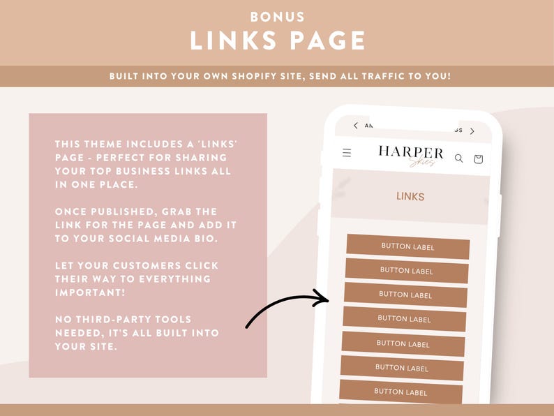 Peut inclure: Maquette num&eacute;rique pr&eacute;sentant un th&egrave;me &laquo;&nbsp;Page de liens&nbsp;&raquo; pour un site Shopify. L'image pr&eacute;sente un smartphone affichant une page Web avec des &eacute;tiquettes de bouton, ainsi que du texte expliquant les fonctionnalit&eacute;s et les avantages du th&egrave;me.