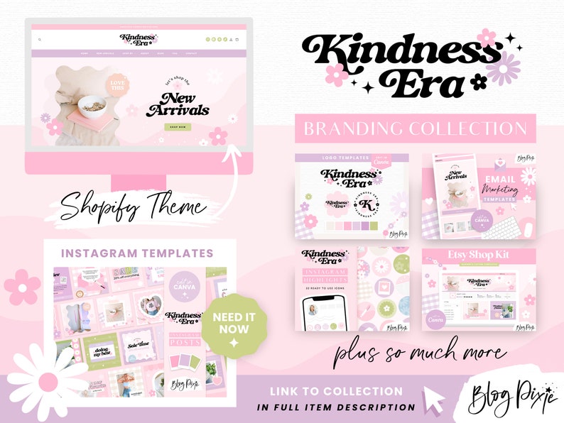 Pode incluir: Uma cole&ccedil;&atilde;o de branding para um neg&oacute;cio chamado "Kindness Era" com um esquema de cores rosa e verde com acentos florais. A cole&ccedil;&atilde;o inclui modelos de logotipo, modelos do Instagram, modelos de marketing por e-mail, um kit de loja Etsy e muito mais.