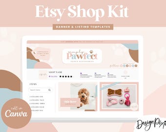 Kit para tienda Etsy - Plantillas de banners para tiendas en Canva - Imagen de marca para tienda de mascotas - Diseño de anuncios para tienda Etsy - Logotipo de huella de perro - Blog Pixie