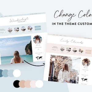 Puede incluir: Dos maquetas de sitios web con el texto "Wanderlust Traveler" y "Emily Edwards". La primera maqueta es azul claro, la segunda es beige. El texto "Change Colors in the Theme Customizer" est&aacute; escrito en cursiva. Se muestran paletas de colores.