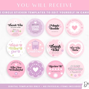 Pode incluir: Doze modelos de adesivos circulares rosa e roxo para Canva. Os adesivos apresentam v&aacute;rios designs com texto como "Obrigado", "Voc&ecirc; vai amar isso", "Magia dentro", "Feito com amor", "Pense nisso, queira, pegue", "&Eacute; dia de correio", "Para voc&ecirc;, meu bem", "Uma nota para dizer que voc&ecirc; &eacute; maravilhoso", "Feito &agrave; m&atilde;o com amor", "Avalie", e "Um novo favorito neste pacote".