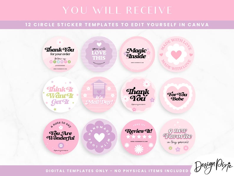 Pode incluir: Doze modelos de adesivos circulares rosa e roxo para Canva. Os adesivos apresentam v&aacute;rios designs com texto como "Obrigado", "Voc&ecirc; vai amar isso", "Magia dentro", "Feito com amor", "Pense nisso, queira, pegue", "&Eacute; dia de correio", "Para voc&ecirc;, meu bem", "Uma nota para dizer que voc&ecirc; &eacute; maravilhoso", "Feito &agrave; m&atilde;o com amor", "Avalie", e "Um novo favorito neste pacote".