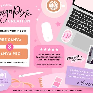 K&ouml;nnte beinhalten: Rosa-wei&szlig;es Grafikdesign-Template f&uuml;r Canva mit dem Text "Design Pixie Creation" und "Meine Vorlagen funktionieren sowohl mit Free Canva als auch mit Canva Pro mit benutzerdefinierten Schriftarten und Grafiken!" Die Grafik enth&auml;lt au&szlig;erdem einen Laptop, eine Kaffeetasse, eine Maus und einen Aufkleber mit dem Text "Design Pixie Creation".